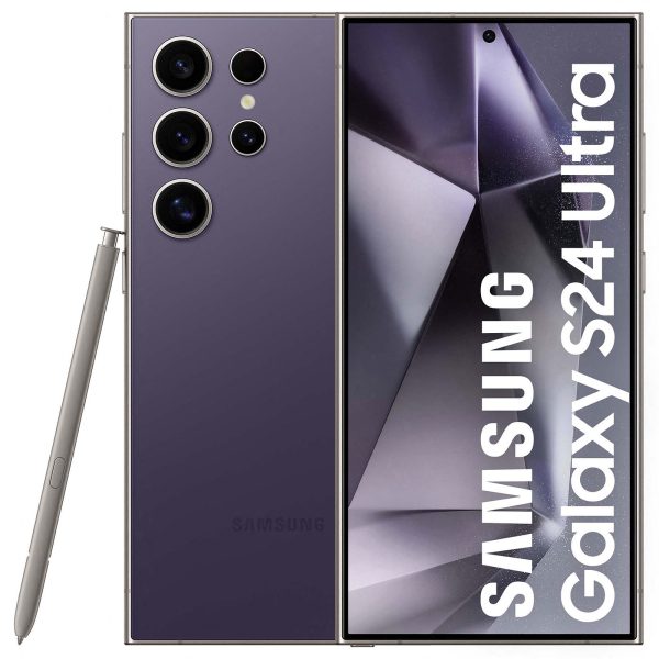 Samsung Galaxy S24 Ultra 5G en primer plano, mostrando su diseño elegante y pantalla sin bordes. El dispositivo destaca por su potente rendimiento y cámaras avanzadas, representando lo último en tecnología móvil