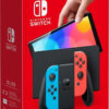 Imagen de una Nintendo Switch OLED con pantalla de 7 pulgadas, soporte ajustable, base con puerto LAN, almacenamiento interno de 64 GB y mejoras en audio.