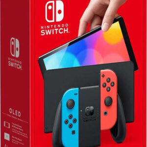 Imagen de una Nintendo Switch OLED con pantalla de 7 pulgadas, soporte ajustable, base con puerto LAN, almacenamiento interno de 64 GB y mejoras en audio.