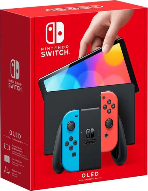 Imagen de una Nintendo Switch OLED con pantalla de 7 pulgadas, soporte ajustable, base con puerto LAN, almacenamiento interno de 64 GB y mejoras en audio.