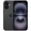 Nuevo Apple iPhone 16 en color negro titanio, mostrando su pantalla frontal y respaldo con sistema de doble cámara.