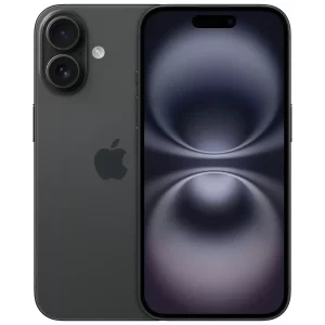 Nuevo Apple iPhone 16 en color negro titanio, mostrando su pantalla frontal y respaldo con sistema de doble cámara.