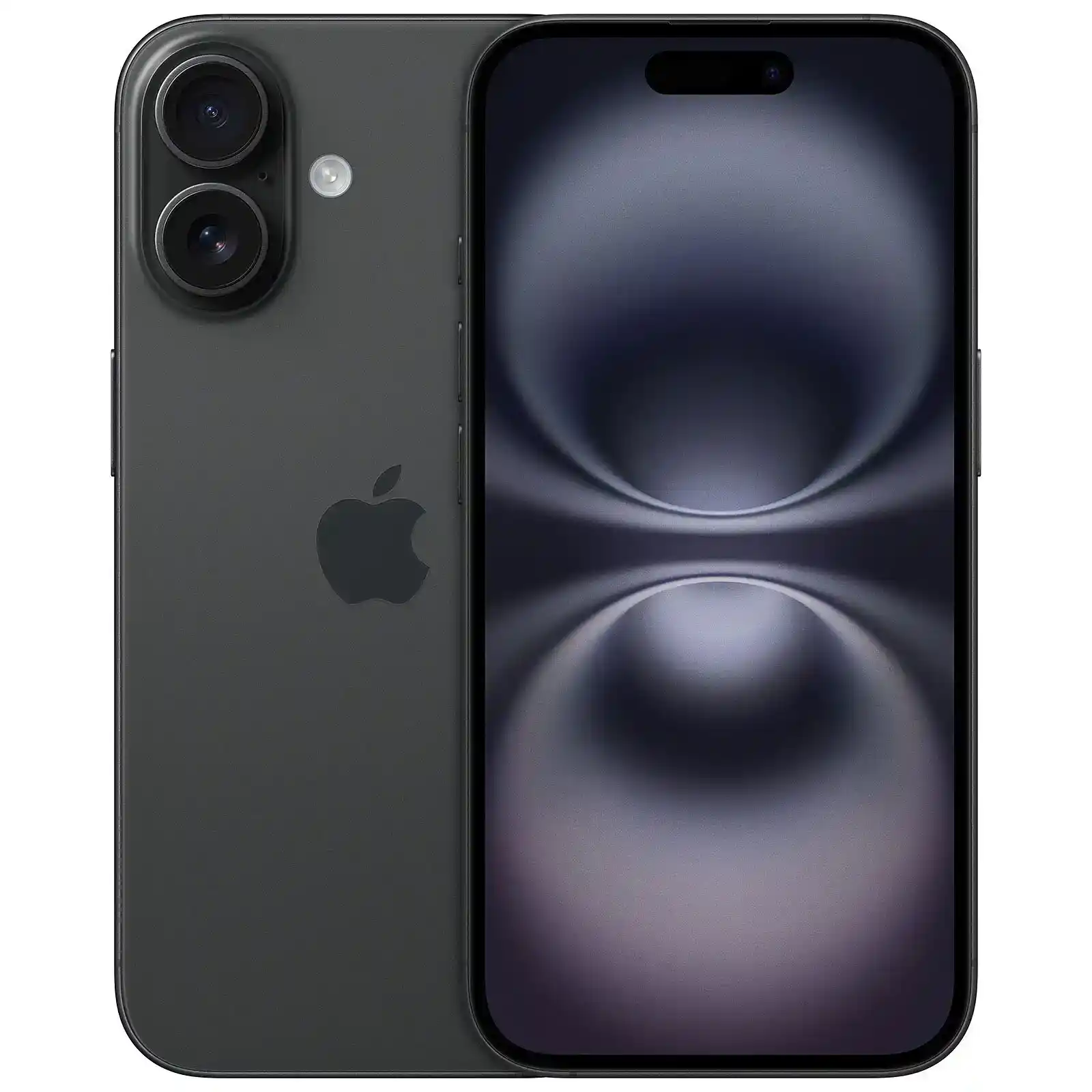Nuevo Apple iPhone 16 en color negro titanio, mostrando su pantalla frontal y respaldo con sistema de doble cámara.