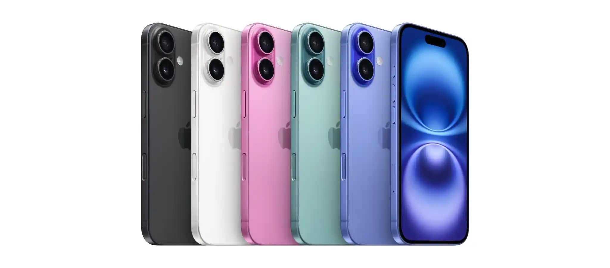 Colección de Nuevos Apple iPhone 16 en colores negro, blanco, rosa, verde y azul, mostrando la parte trasera de todos y el frontal del iPhone azul, con diseño en titanio y sistema de doble cámara.