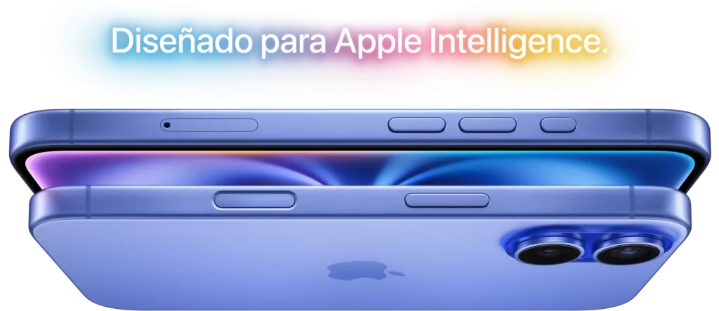 Dos Nuevos Apple iPhone 16 en color azul, uno sobre otro, con el texto 'iPhone 16 - Diseñado para Apple Intelligence', mostrando su diseño en titanio y pantalla avanzada.