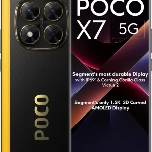 Poco x7 5G negro con amarillo, frontal y parte trasera