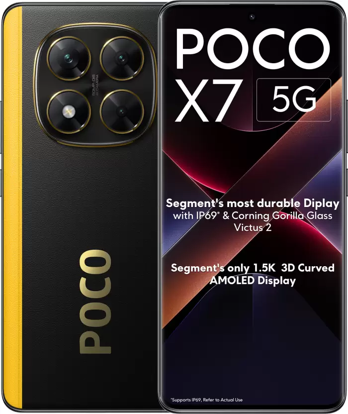 Poco x7 5G negro con amarillo, frontal y parte trasera