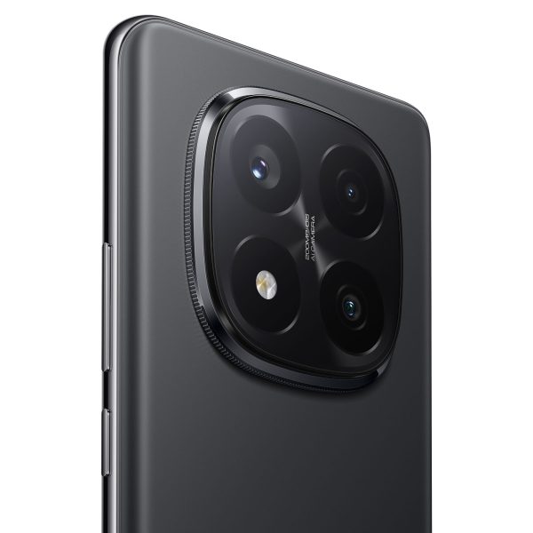 Vista combinada frontal y trasera del Xiaomi Redmi Note 14 Pro+ 5G negro, mostrando pantalla AMOLED y módulo de triple cámara