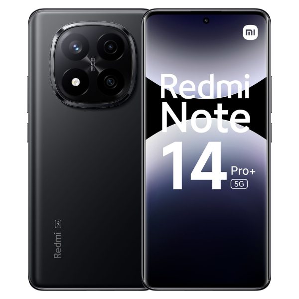 Vista frontal del Xiaomi Redmi Note 14 Pro+ 5G color negro, mostrando la pantalla AMOLED de borde a borde y cámara frontal centrada