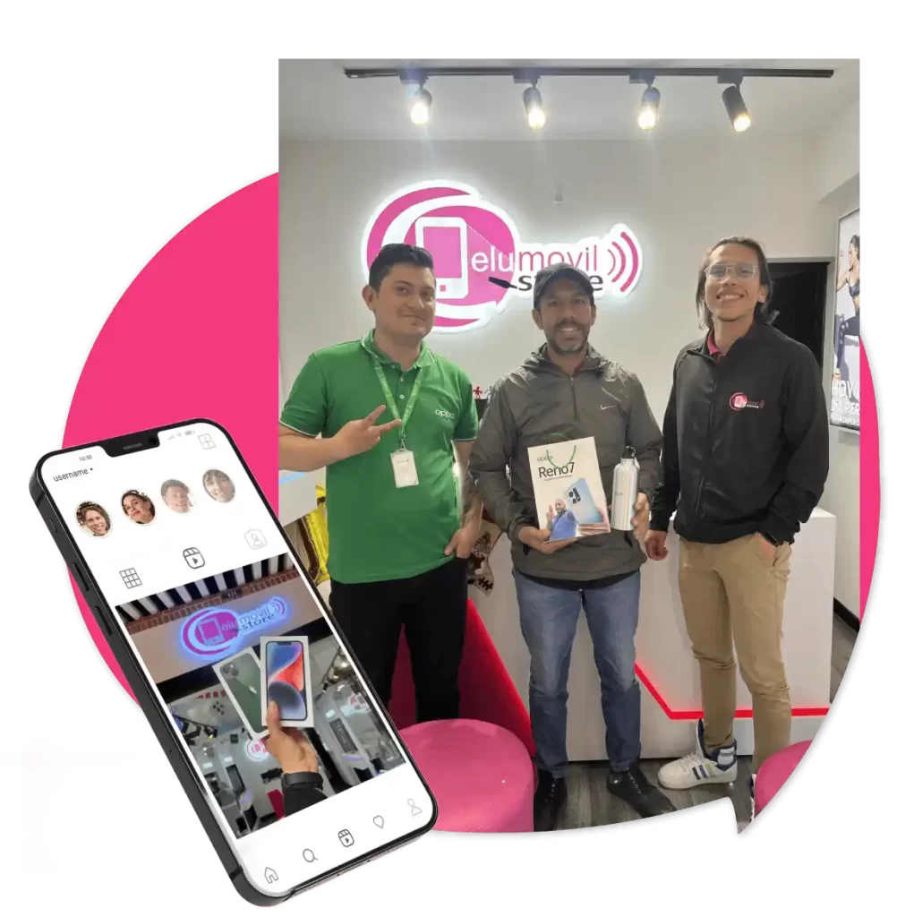Sobre Nosotros 2 Sobre nosotros, sobre Celumovil Store atendiendo a clientes, realizando compras, teniendo un alto nivel de satisfacción, con celular nuevo