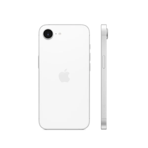 iphone 16e color blanco respaldo mostrando la cámara y de lado mostrando botón y cámara