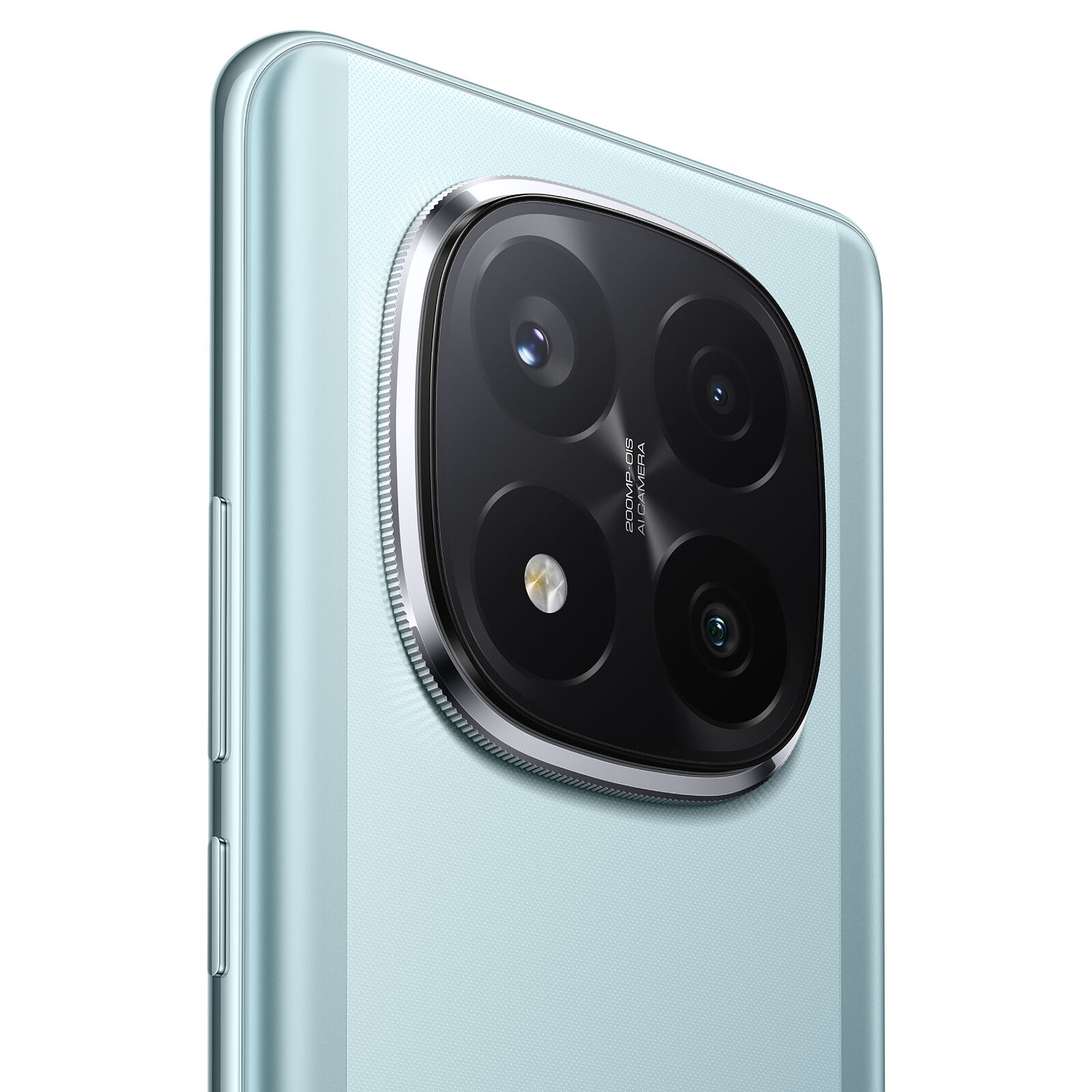 Detalle lateral del módulo de cámaras del Xiaomi Redmi Note 14 Pro+ 5G azul, mostrando el acabado metálico y las lentes avanzadas.