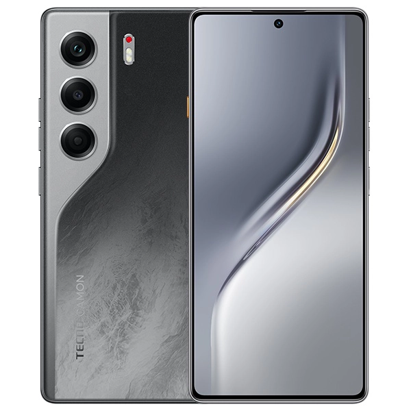 CAMON 40 PRO  frontal y respaldo mostrando pantalla y camaras celular color negro