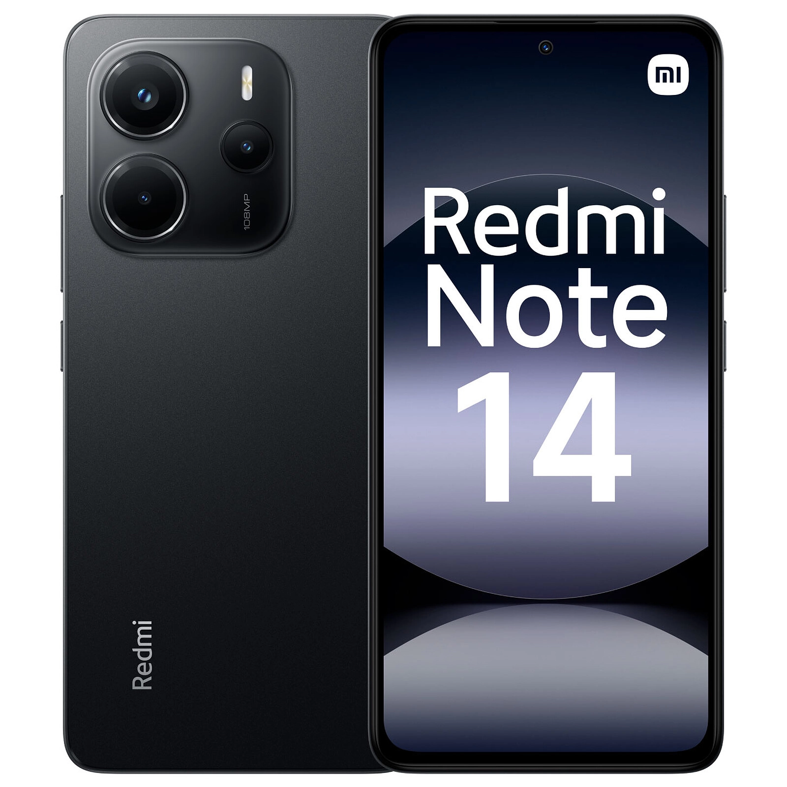 Redmi Note 14 Negro parte frontal mostrando la cámara y parte trasera mostrando la cámara. Encuentra el Redmi Note 14 en oferta en toda Colombia sólo en Celumovil Store