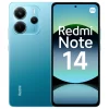 Redmi Note 14 Azul parte frontal mostrando la cámara y parte trasera mostrando la cámara.