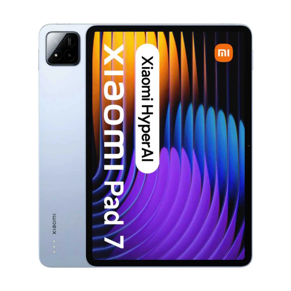 Xiaomi PAD 7 azul frente y respaldo mostrando pantalla y camara