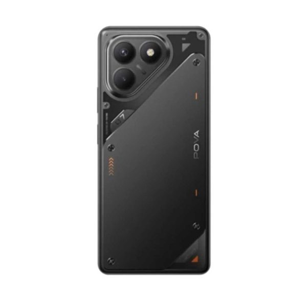 Smartphone Tecno Pova 7 Negro visto desde atrás, con triple cámara y diseño geométrico.