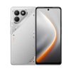 Smartphone Tecno Pova 7 Silver visto de frente y por detrás, con triple cámara trasera y pantalla completa.