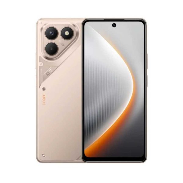 Smartphone Tecno Pova 7 Color Titanio visto de frente y por detrás, con triple cámara trasera y pantalla completa.