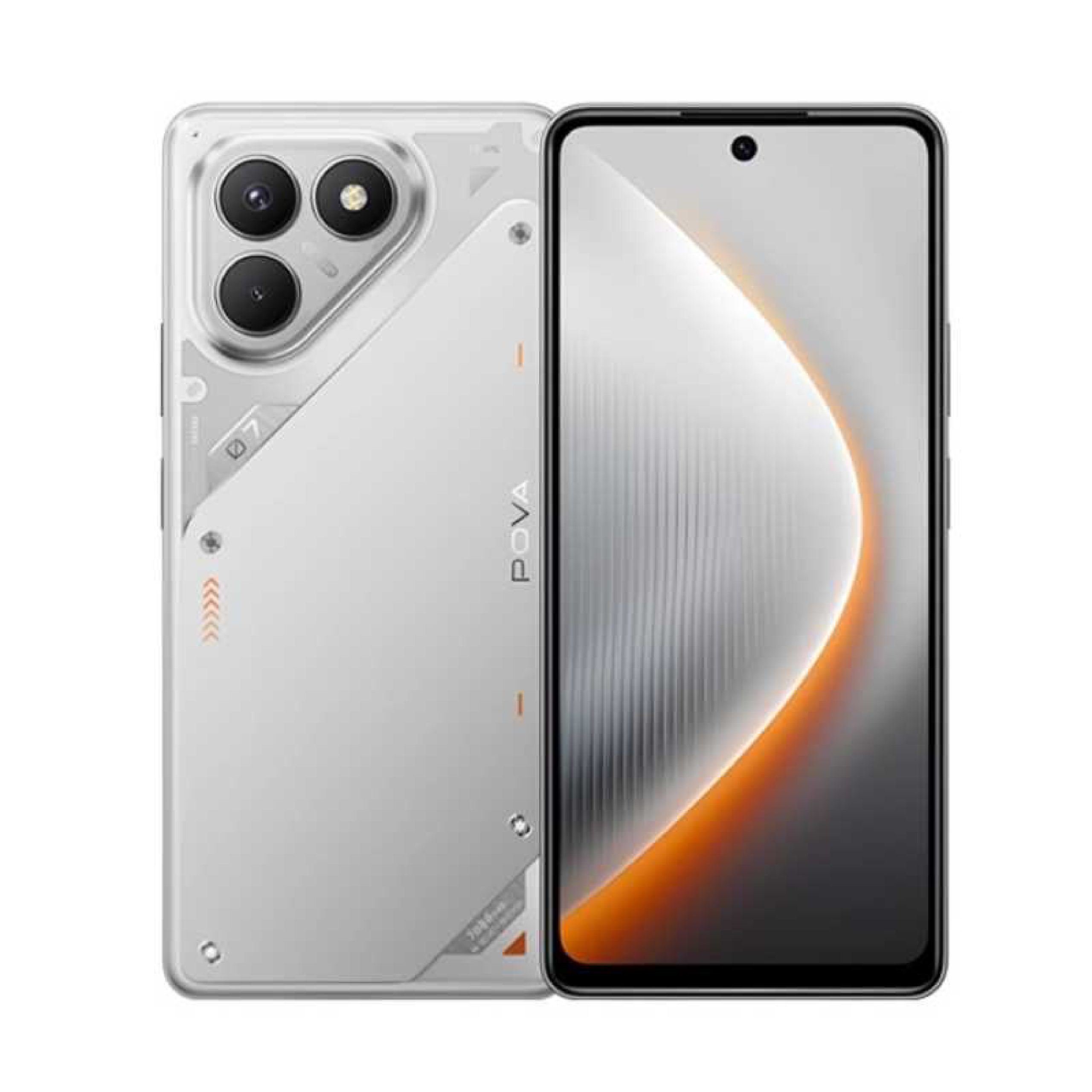 Smartphone Tecno Pova 7 Silver visto de frente y por detrás, con triple cámara trasera y pantalla completa.