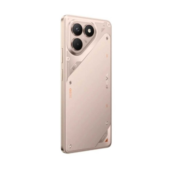 Parte trasera del Tecno Pova 7 Color Titanio, mostrando el módulo de cámaras y el acabado metálico.