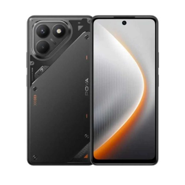 Tecno Pova 7 Negro mostrando tanto la parte trasera como la pantalla frontal del dispositivo.