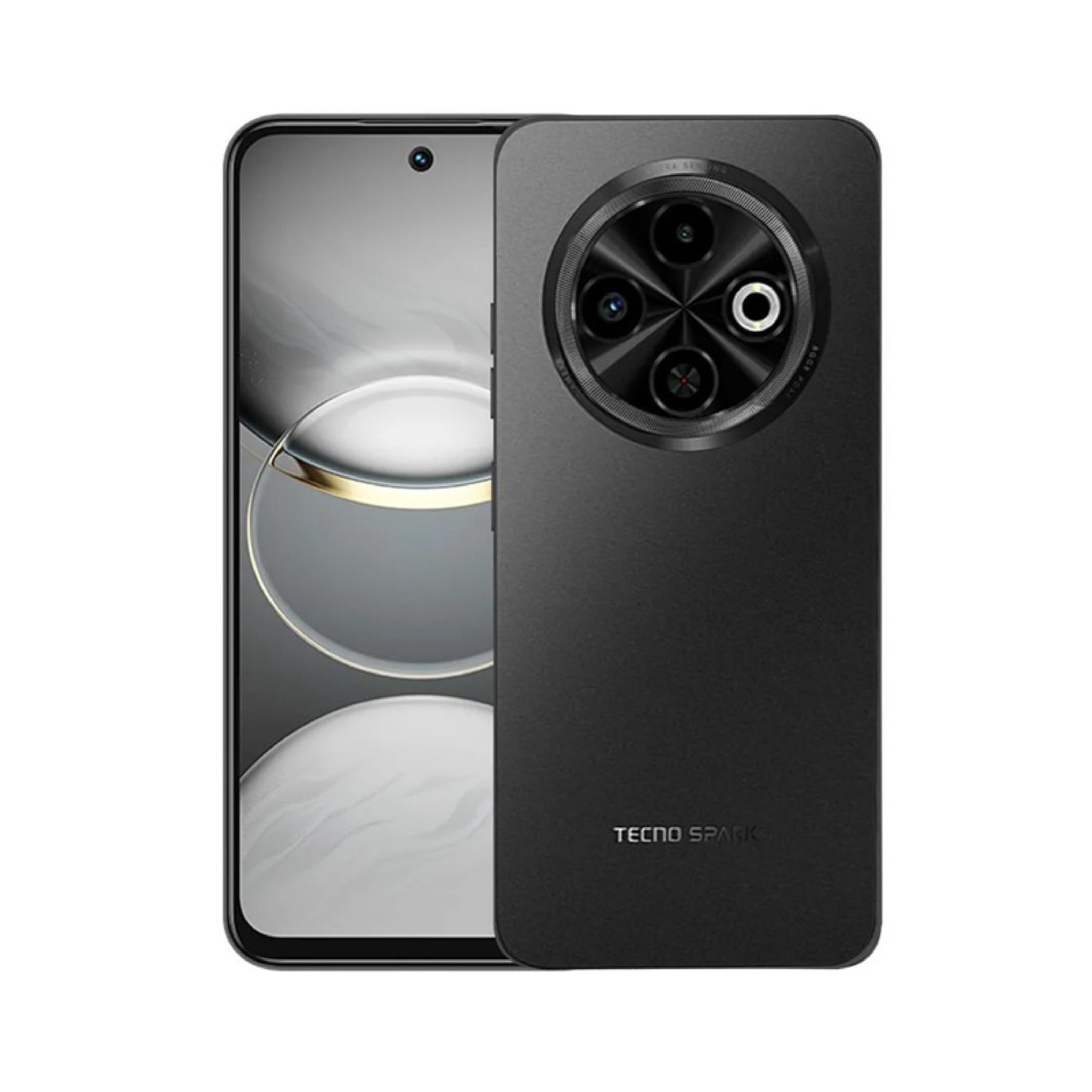 Tecno Spark 30C 256GB negro, mostrando tanto la pantalla frontal como el diseño trasero con módulo de cámaras circulares.