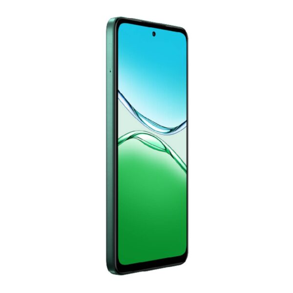 Oppo A5 color verde frente diagonal mostrando pantalla