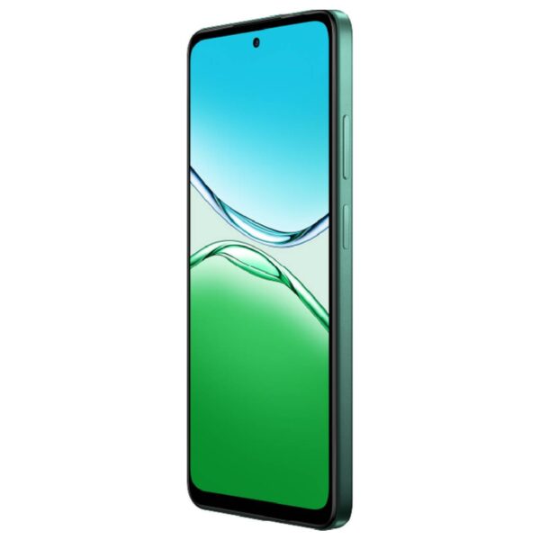 Oppo A5 color verde frente diagonal mostrando pantalla