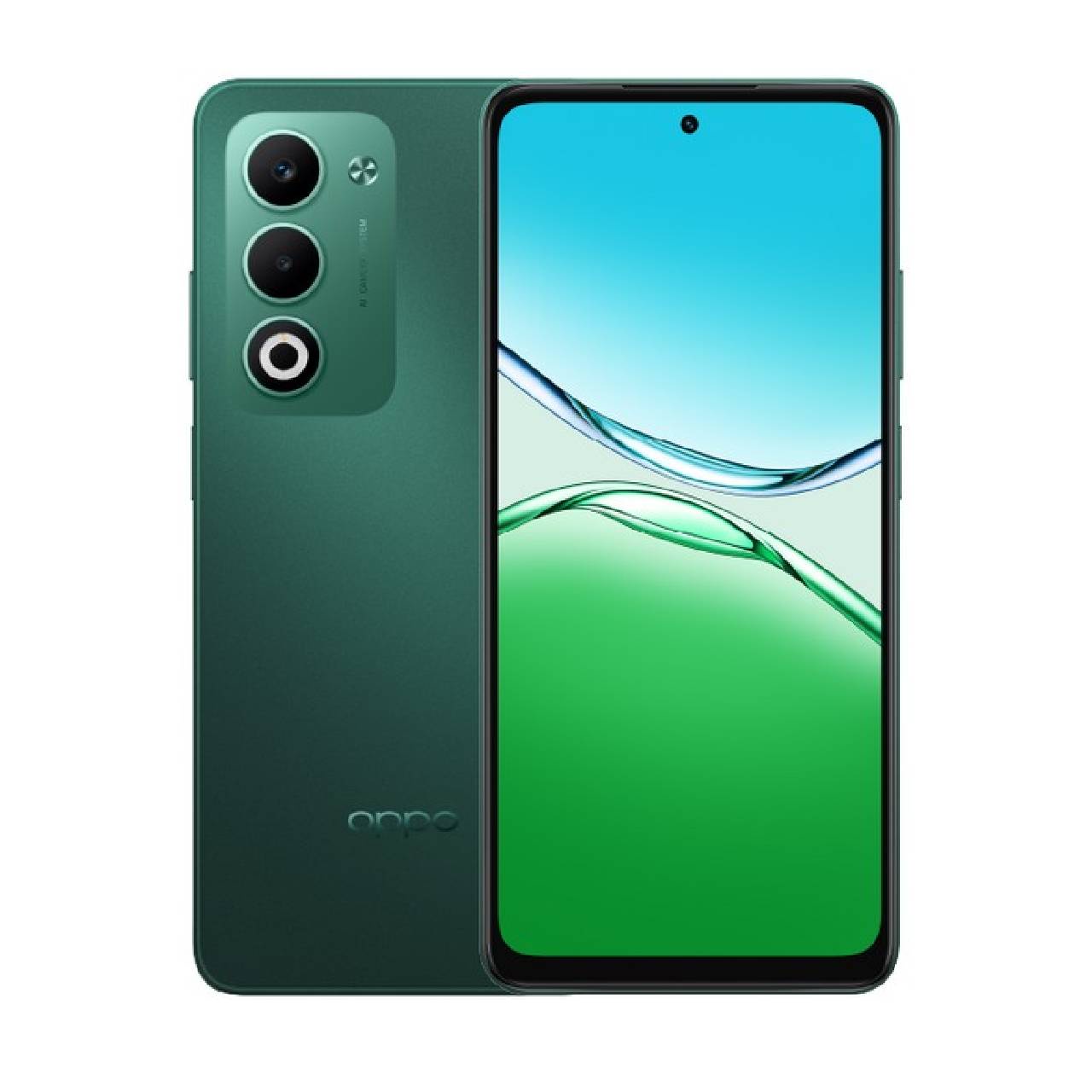 Oppo A5 color verde frente mostrando pantalla y respaldo mostrando cámara.