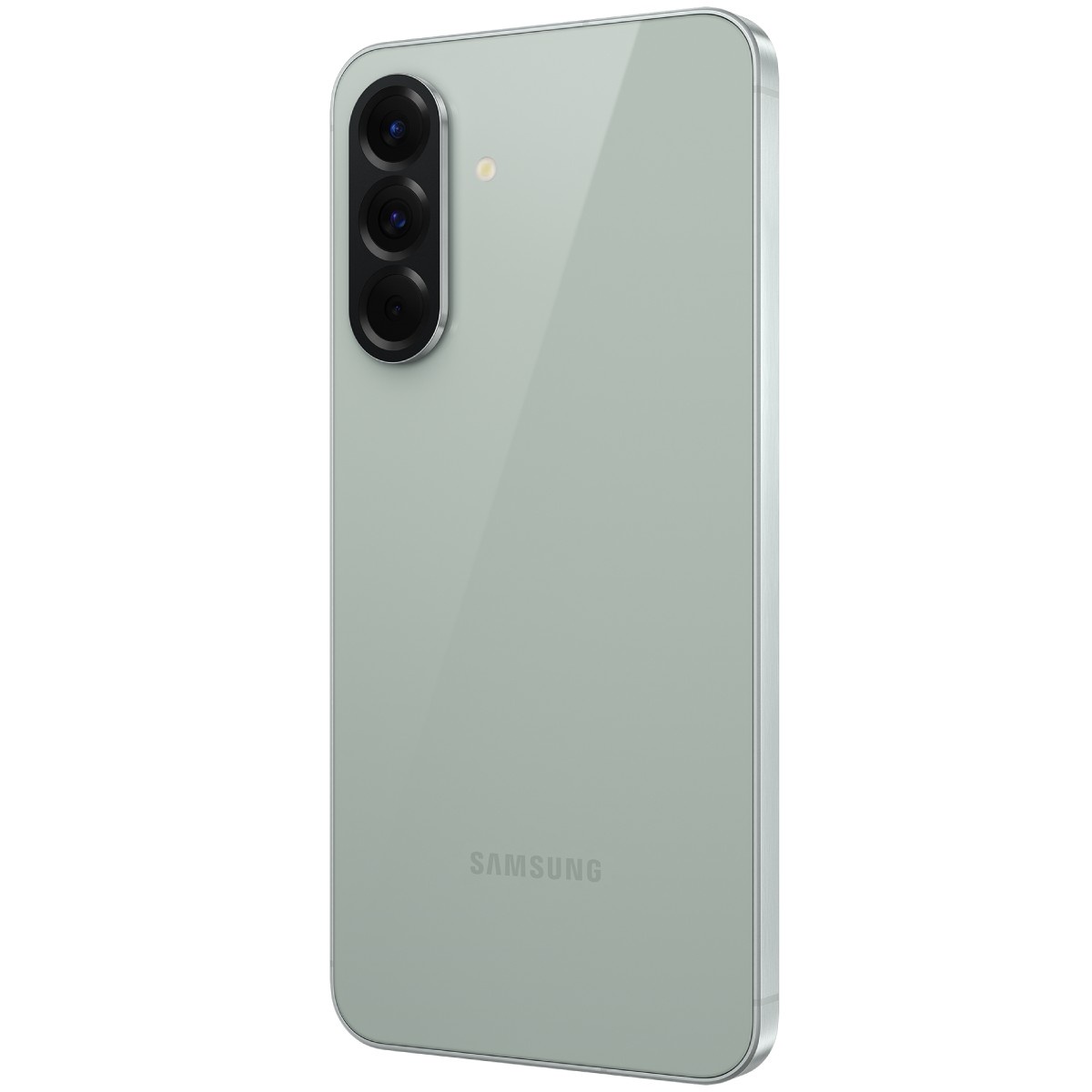 Samsung Galaxy A56 verde respaldo mostrando la pantalla diagonal