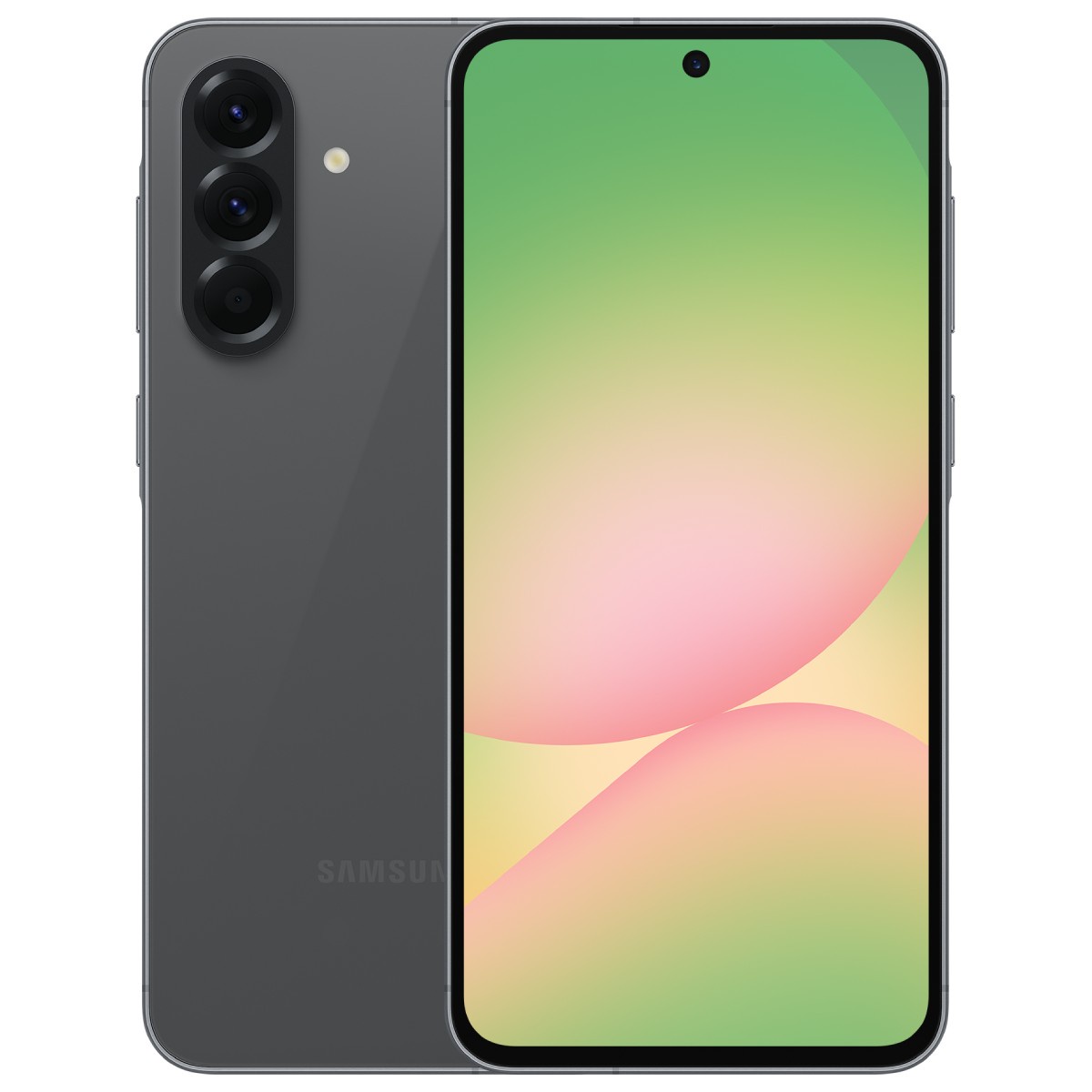 Samsung Galaxy A56 negro frente mostrando pantalla y respaldo mostrando cámara.