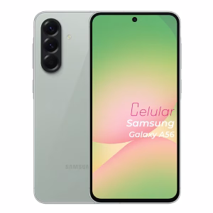 Samsung Galaxy A56 verde vista delantera y trasera frontal mostrando pantalla y cámara vista posterior