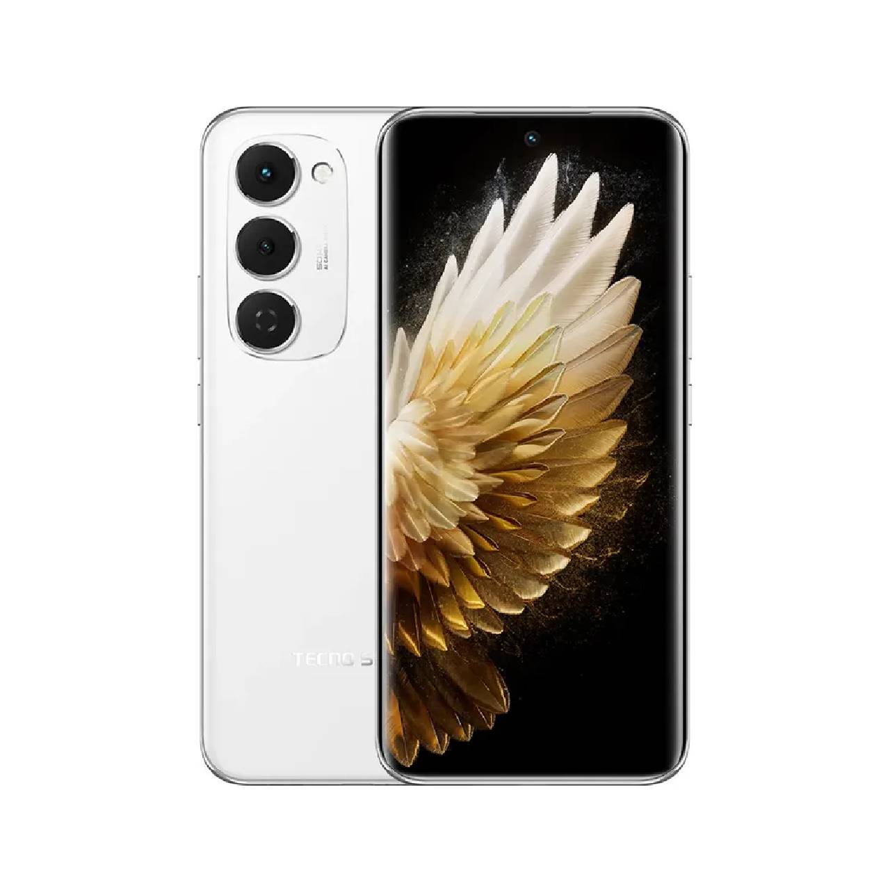 Tecno Spark 40 Pro Plus blanco frente y respaldo Tecno Spark 40 Pro Plus mostrando pantalla y cámaras.