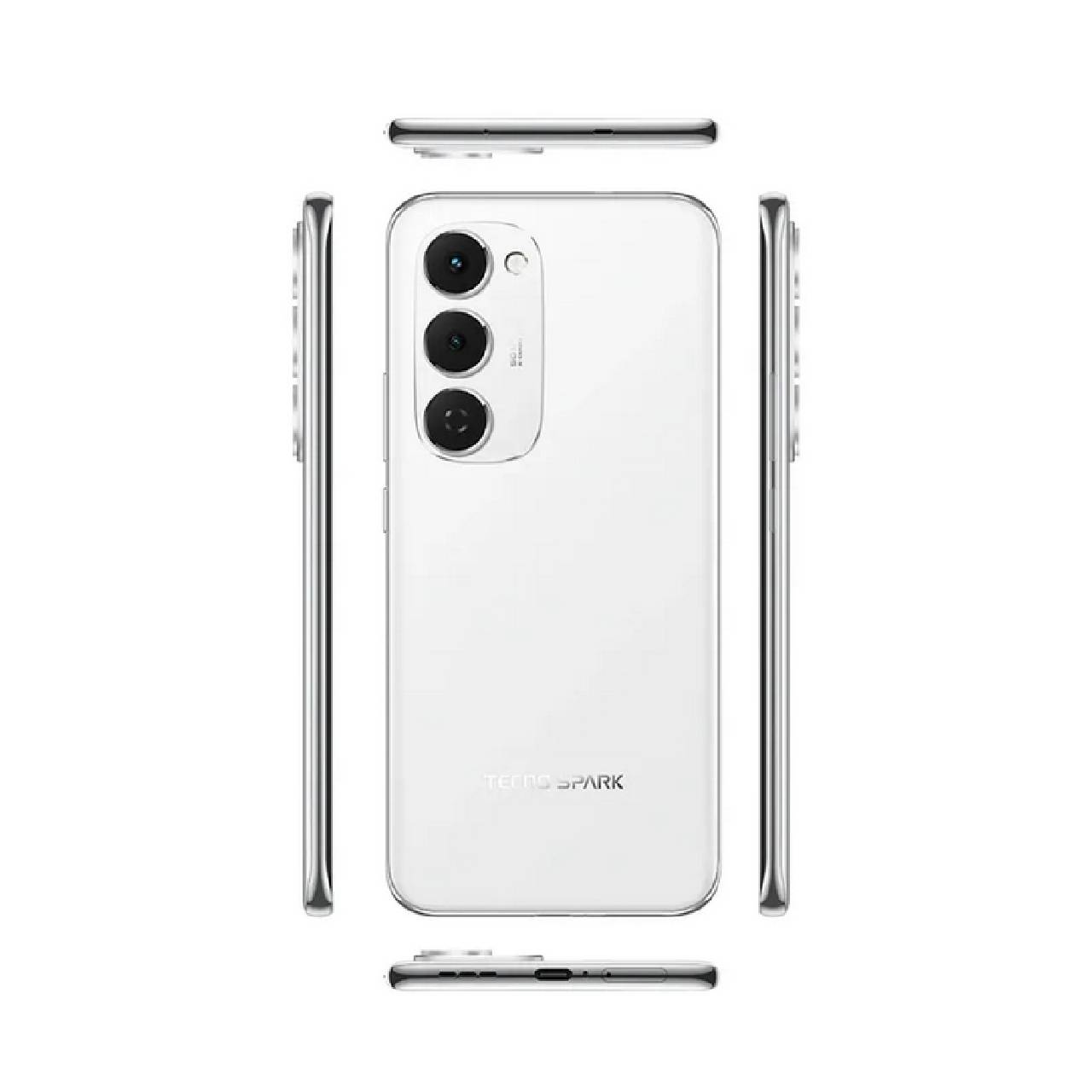 Tecno Spark 40 Pro + blanco respaldo Tecno Spark 40 Pro Plus mostrando cámaras y bordes