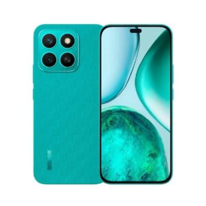 Celular Honor X8C Verde frente mostrando la pantalla y su cámara frontal, respaldo mostrando sus cámaras y logo de Honor