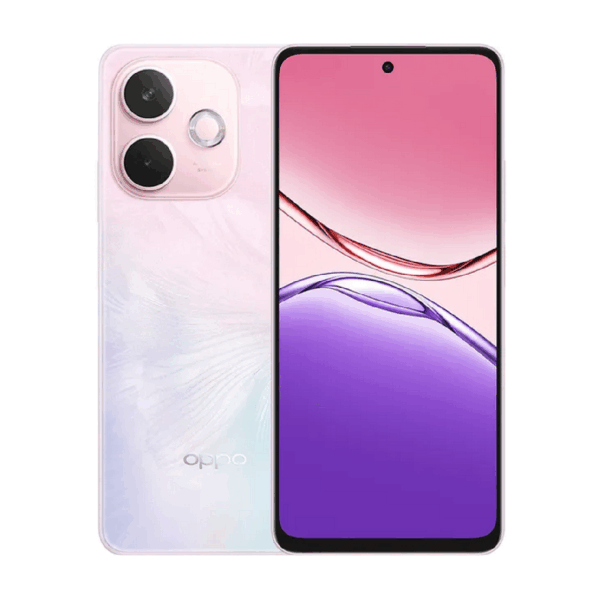 Oppo A5 Pro resistente al agua vista frontal y respaldo, frontal mostrando su pantalla y respaldo mostrando sus cámaras celular color rosado.