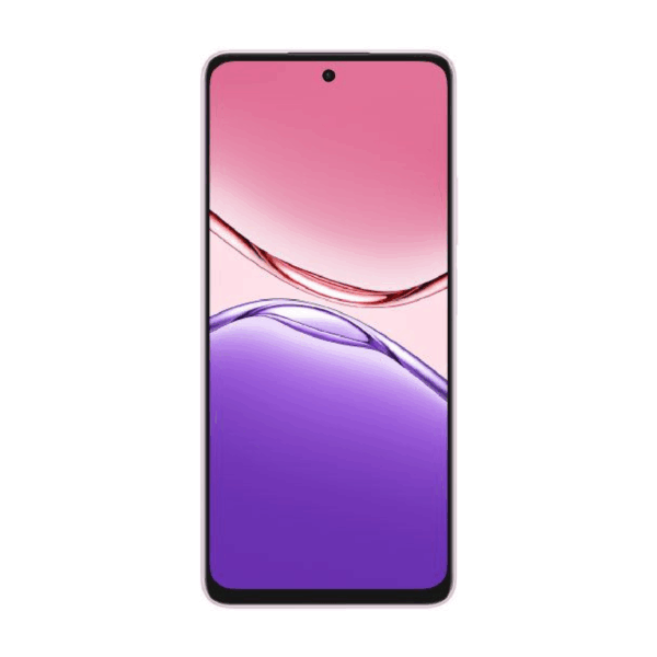 Oppo A5 Pro resistente al agua vista frontal mostrando su pantalla celular color rosado.