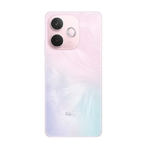 Oppo A5 Pro resistente al agua vista respaldo, mostrando sus cámaras celular color rosado.