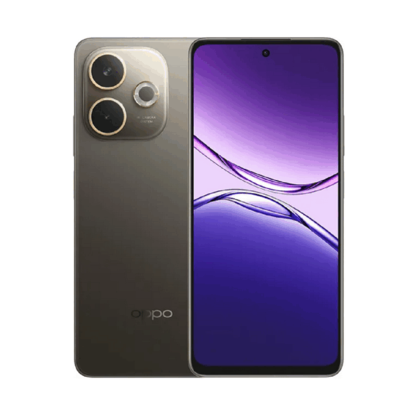 Oppo A5 Pro resistente al agua vista frontal y respaldo, frontal mostrando su pantalla y respaldo mostrando sus cámaras celular color cafe.