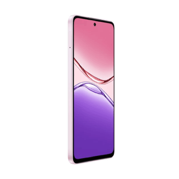 Oppo A5 Pro vista frontal diagonal mostrando su pantalla y bordes celular color rosado.