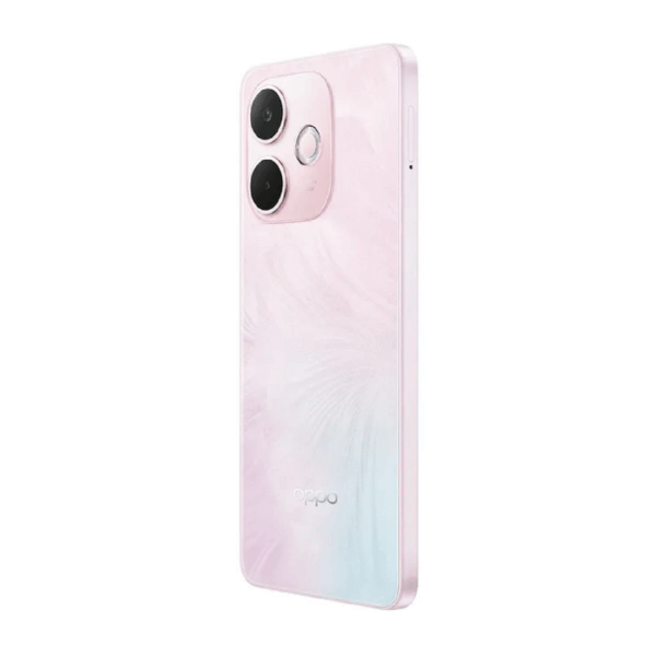 Oppo A5 Pro resistente al agua vista respaldo diagonal, mostrando sus cámaras y bordes celular color rosado.