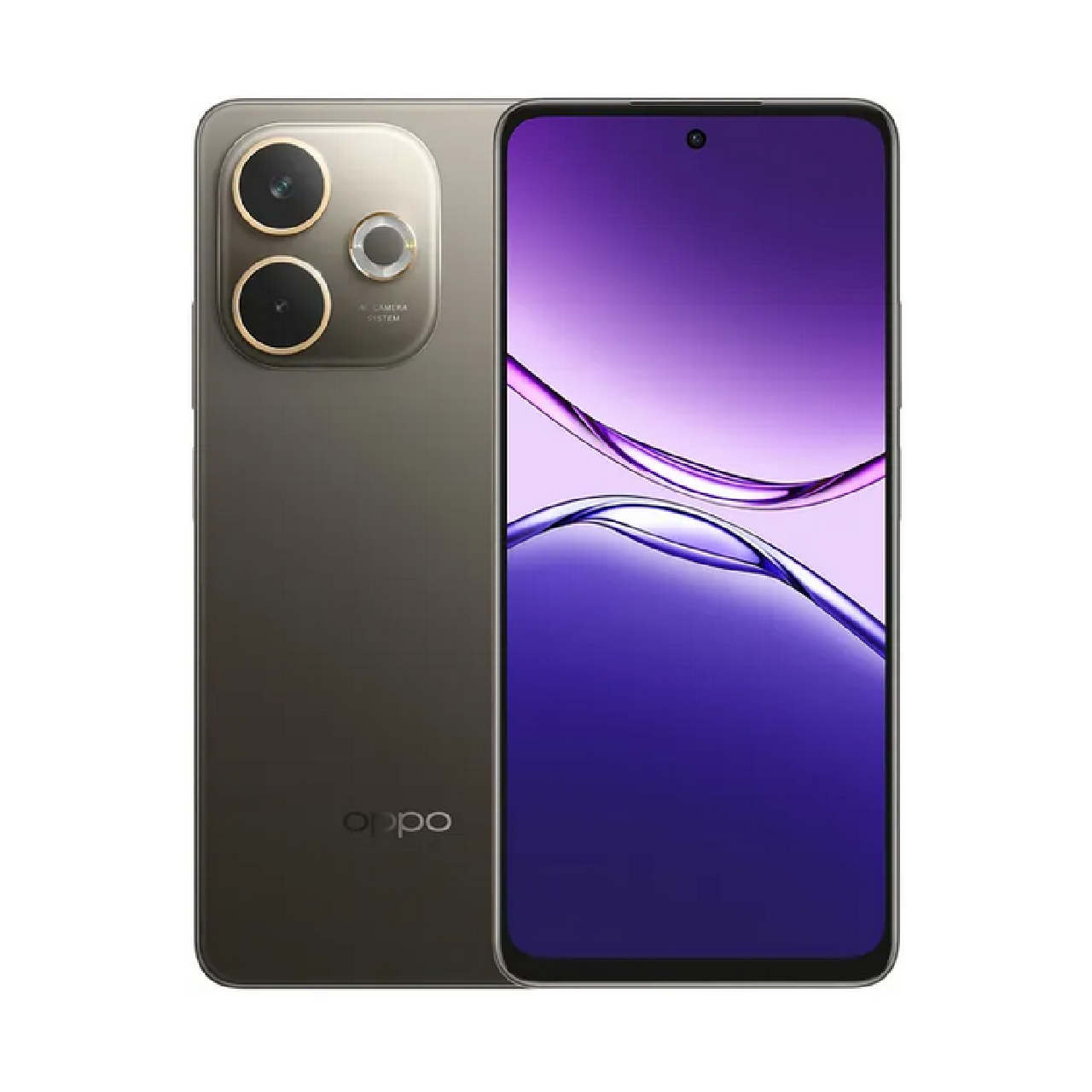 Oppo A5 Pro resistente al agua vista frontal y respaldo, frontal mostrando su pantalla y respaldo mostrando sus cámaras celular color cafe.