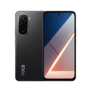 Celular Xiaomi Poco M7 color negro frente y respaldo Poco M7 mostrando pantalla parte frontal y mostrando cámaras parte trasera