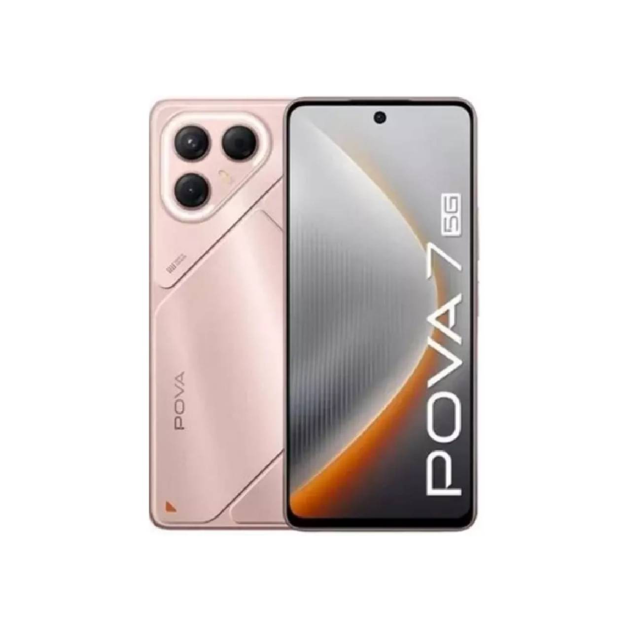 Tecno Pova 7 5G rosa mostrando frente pantalla y mostrando su parte trasera las cámaras.