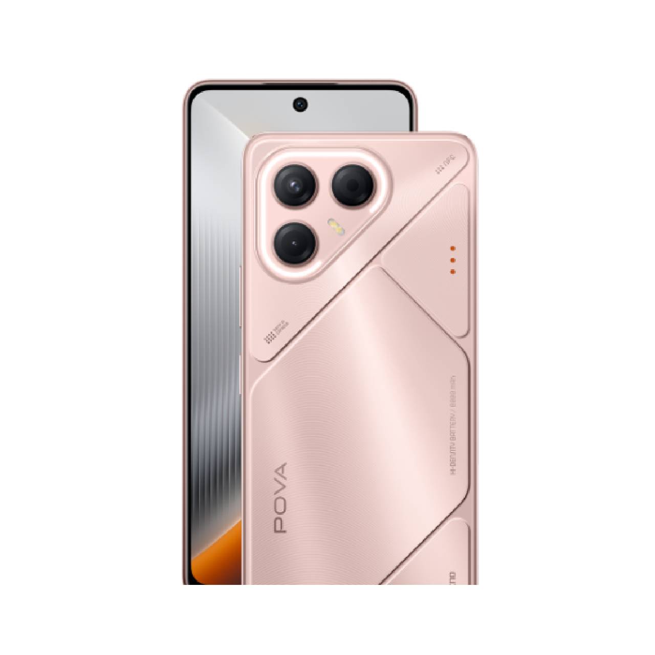 Tecno Pova 7 5G rosado mostrando frente pantalla y mostrando su parte trasera las cámaras.