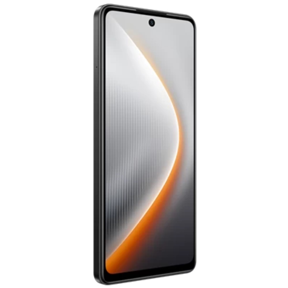 Tecno Pova 7 5G negro mostrando su parte frente diagonal donde se ve su pantalla y se ve su borde.