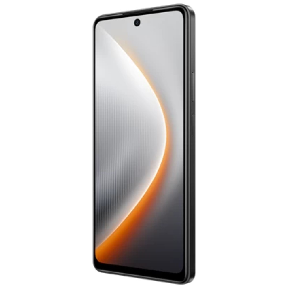 Tecno Pova 7 5G negro mostrando su parte frente diagonal donde se ve su pantalla y se ve su borde izquierdo.