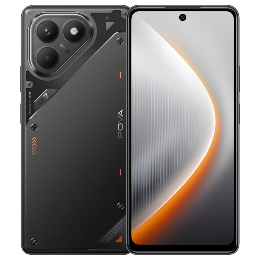 Tecno Pova 7 5G negro mostrando frente pantalla y mostrando su parte trasera las cámaras.