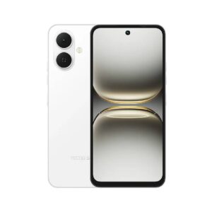 Tecno Spark Go 2 blanco frente mostrando la pantalla y respaldo mostrando sus cámaras.